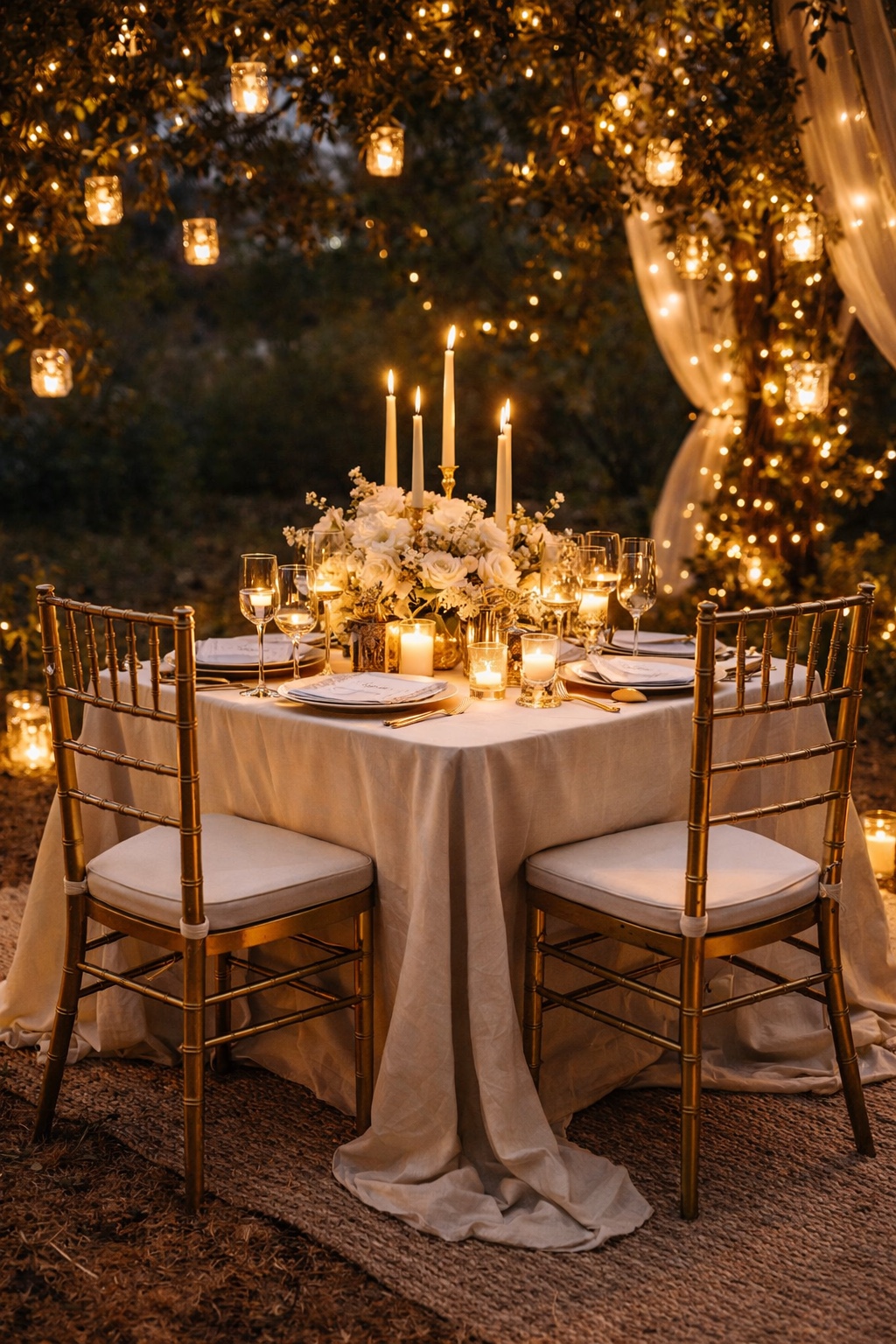 Romantic candlelit table for two outdoors