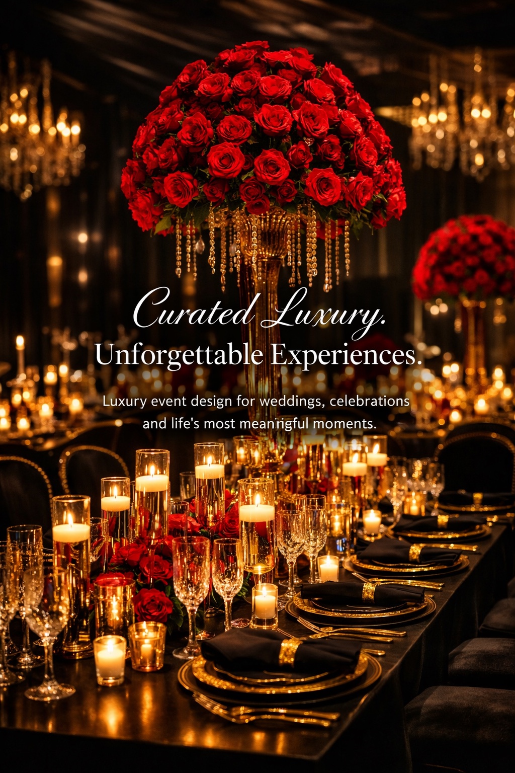 Elegant candlelit dinner table with red roses and gold place settings