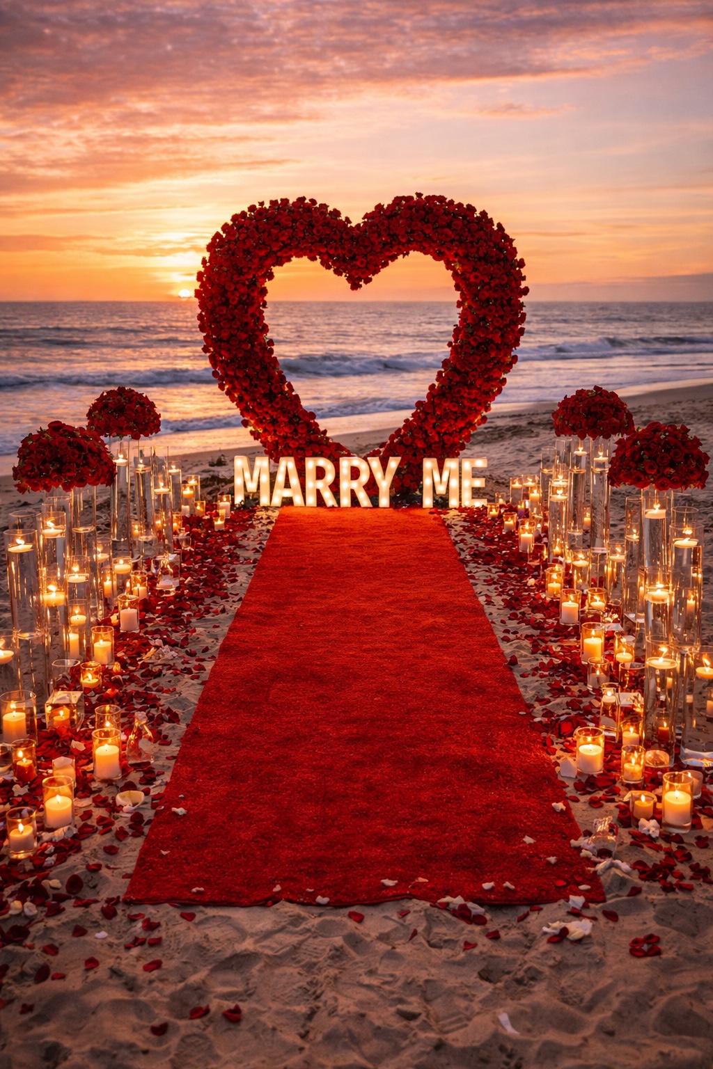 Beach proposal setup with red rose heart and candles